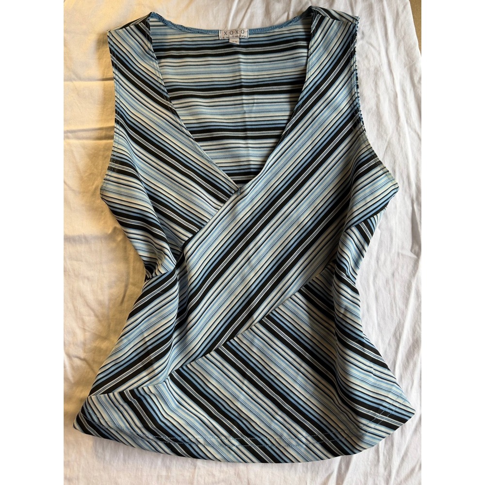 XOXO Y2K Vintage Surplice Tank Top Medium Blue Striped Criss Cross Front